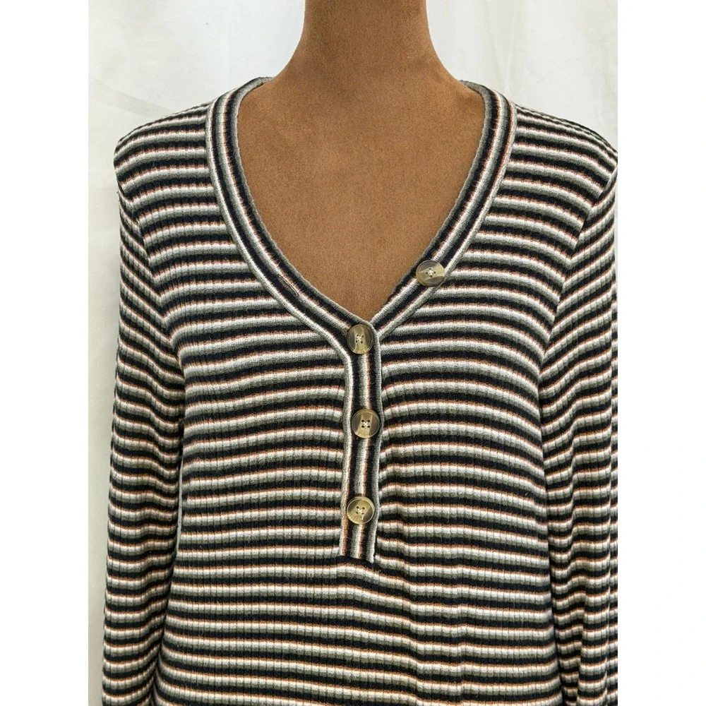 American Eagle Striped Ribbed Henley Dress Womens Large Long Sleeve V-Neck Mini